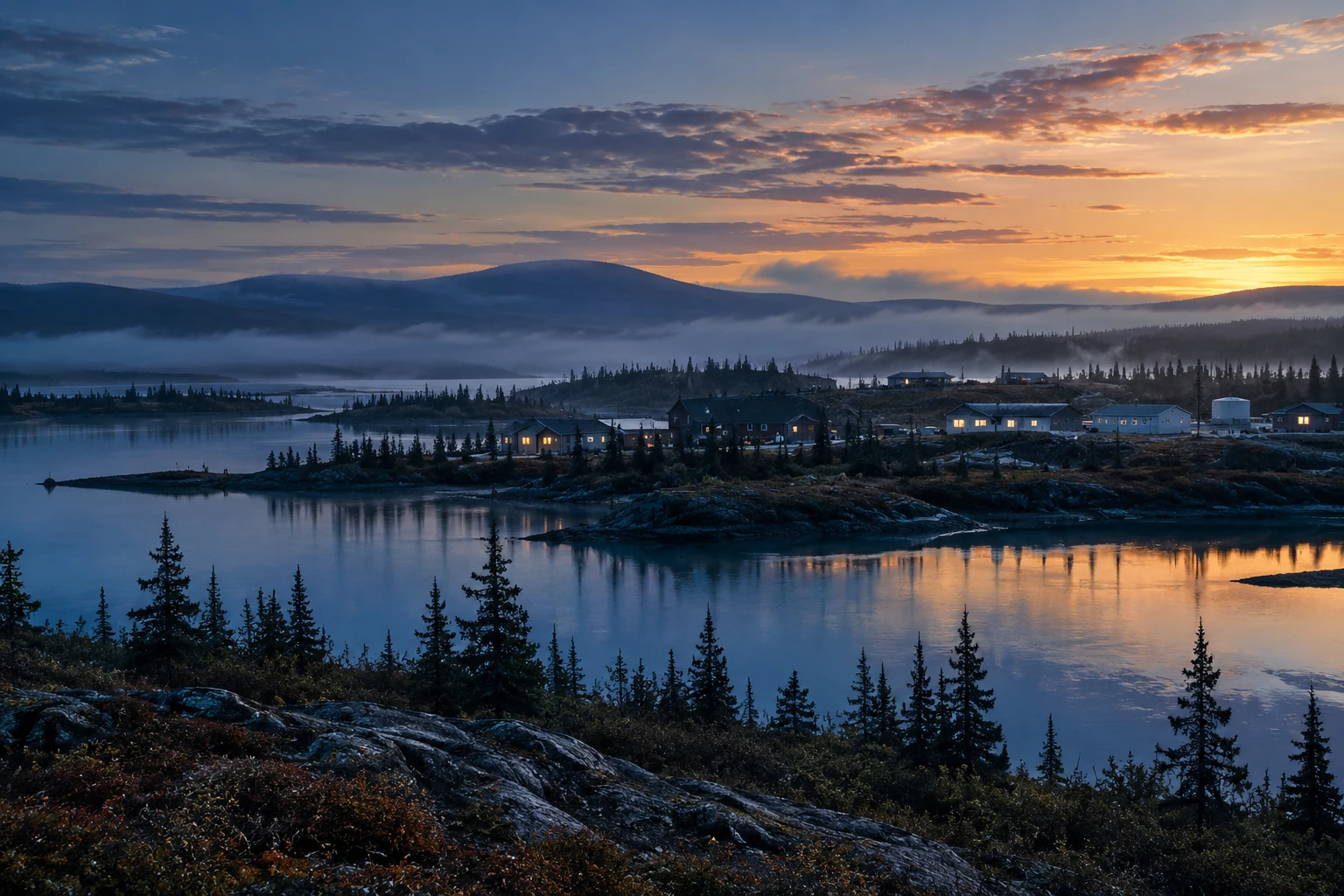 Illustrative northern lakeside community at dawn
