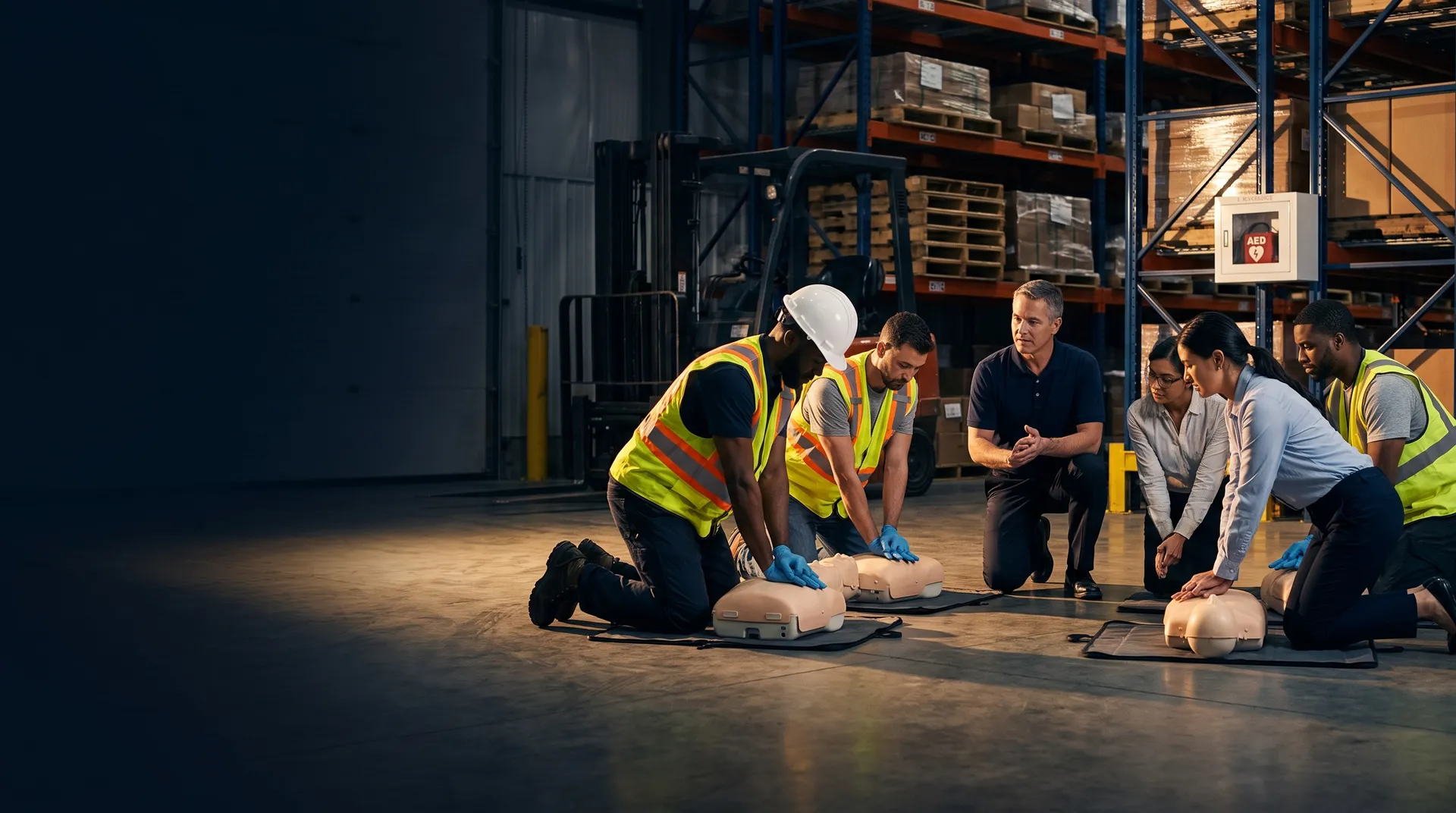 Illustrative scene of employees practising CPR with an instructor at their workplace